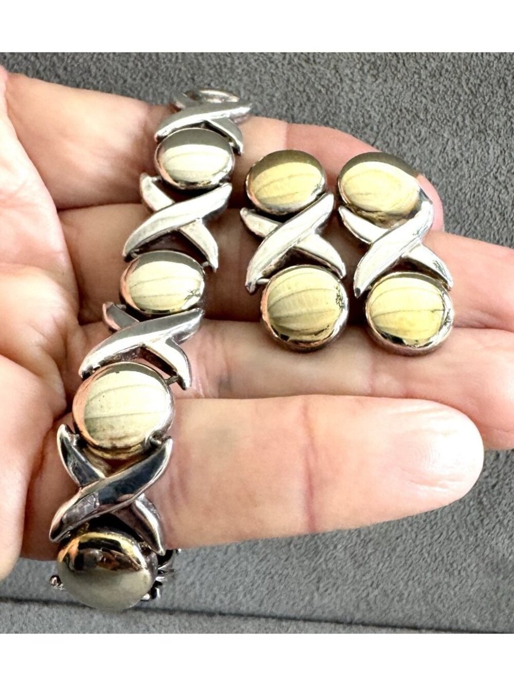 Vintage STERLING Silver Vermeil "XO" BRACELET +EARRING SET Vior Italy -7.5" Long